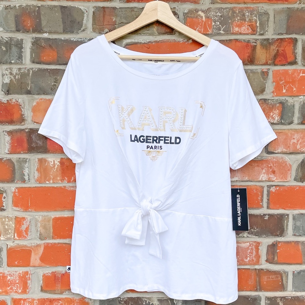 Karl Lagerfeld Pearls & Front Knot M Shirt Top NWT